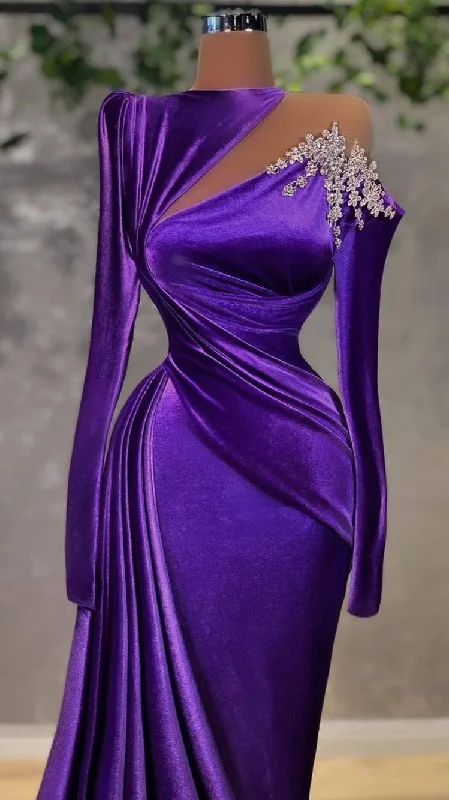 Formal Dress for Small WeddingsGlamorous Purple Velvet Evening Dress With Long Sleeves,Classy Purple Velvet Evening Gown Y729