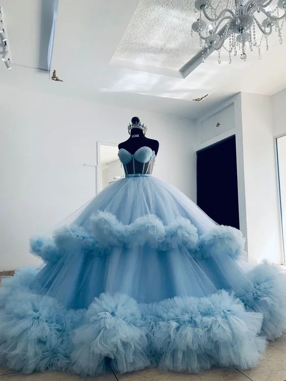 Formal Dress for PromsExtra Puffy Ball Dress Blue Ruffled Tulle Sweetheart Ball Gown Y4527