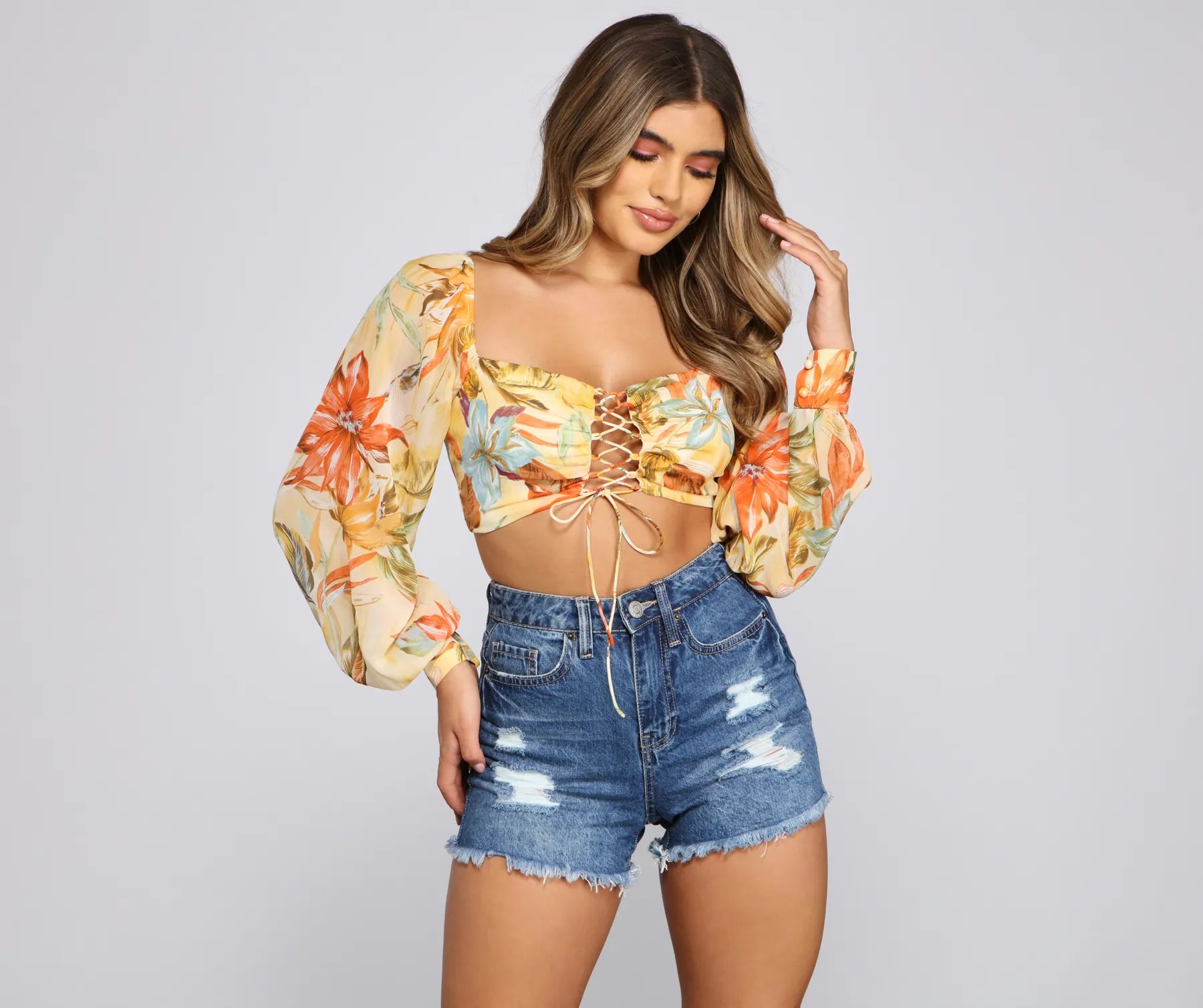 women's tops for statement-making outfitsTropical Vibes Lace-Up Crop Top