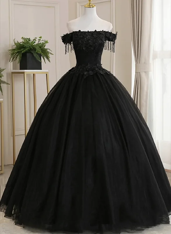 Formal Dress for Opera NightsBlack Off Shoulder Tulle Ball Gown With Lace Sweet 16 Dress, Black Long Evening Dress Y1143