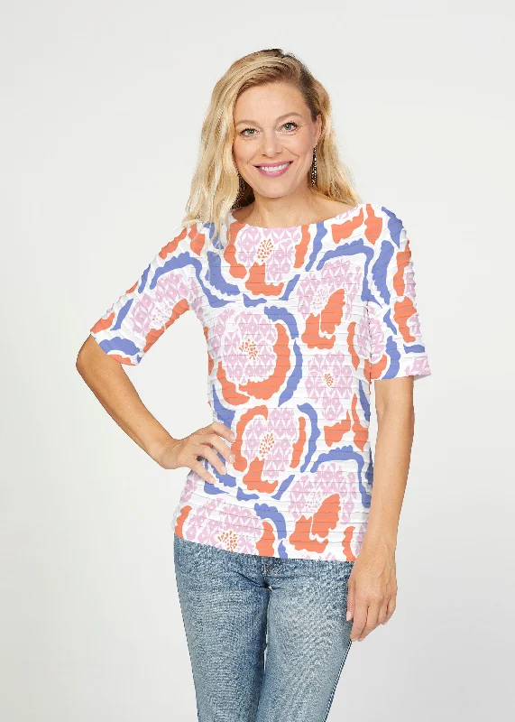 women's tops for those who want to create outfits that are both unique and memorablePeonies Pink (8074) ~ Banded Elbow Sleeve Boat Neck Top