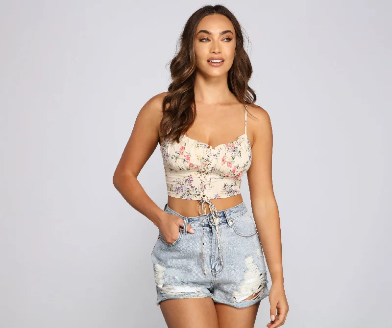 women's tops for mixing and matching with different bottomsOn My Radar Floral Lace Up Crop Top