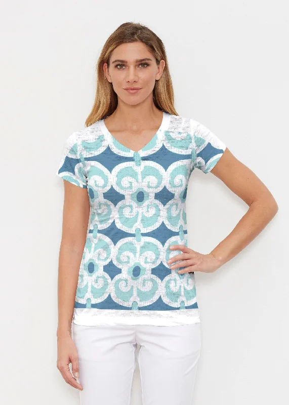 women's tops made from cottonLinks Navy Aqua (8133) ~ Signature Cap Sleeve V-Neck Shirt