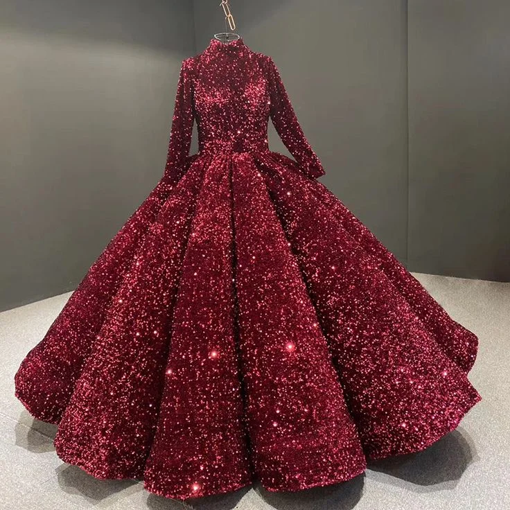 Formal Dress for Oscar NightsBurgundy Ball Gown Sequin Long Sleeve Quinceanera Dresses Y4442