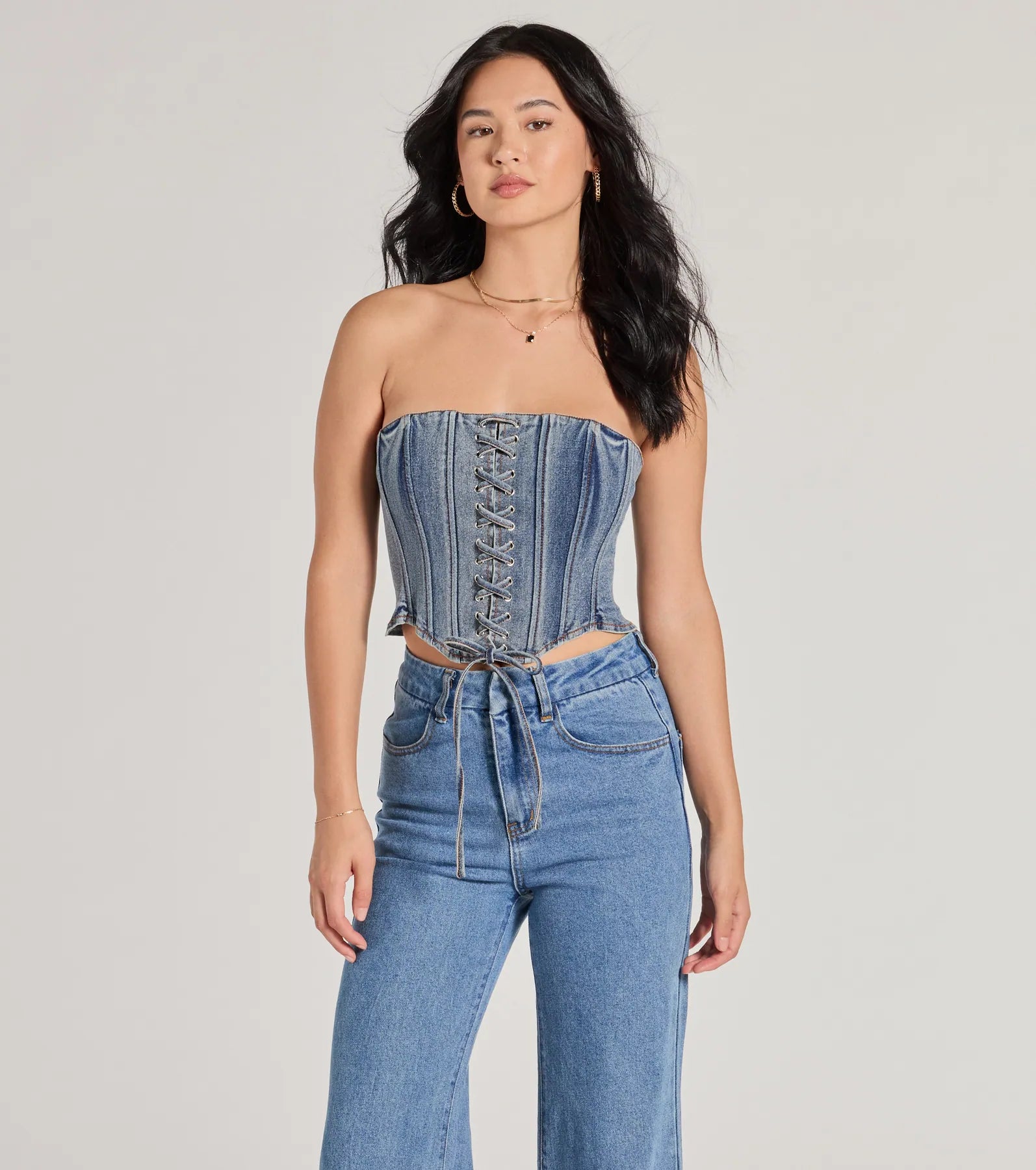 women's tops for picnics in the parkTrendy Style Lace-Up Denim Corset Top