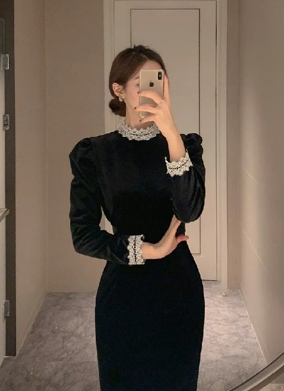 Formal Dress for Religious CeremoniesVintage Black Long Sleeves Evening Dress,Black Formal Dress Y5695