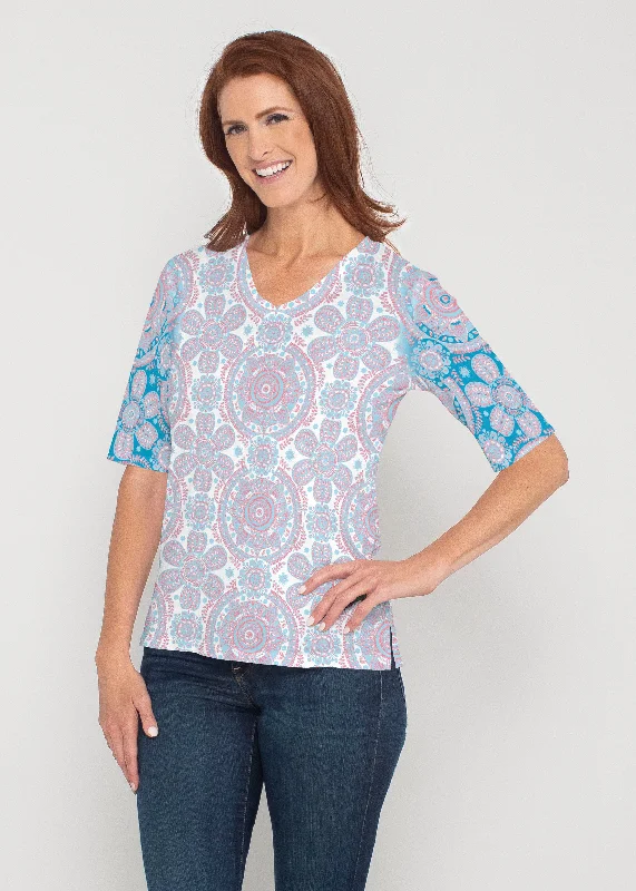 women's tops in solid colorsEtched Mod Blue (8033) ~ Signature Elbow Sleeve V-Neck Top