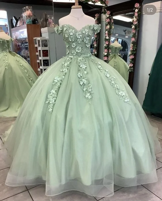 Formal Dress for Vintage Car ShowsOff The Shoulder Sage Green Ball Gown With Flowers Sweet 16 Dress Quinceanera Y4342