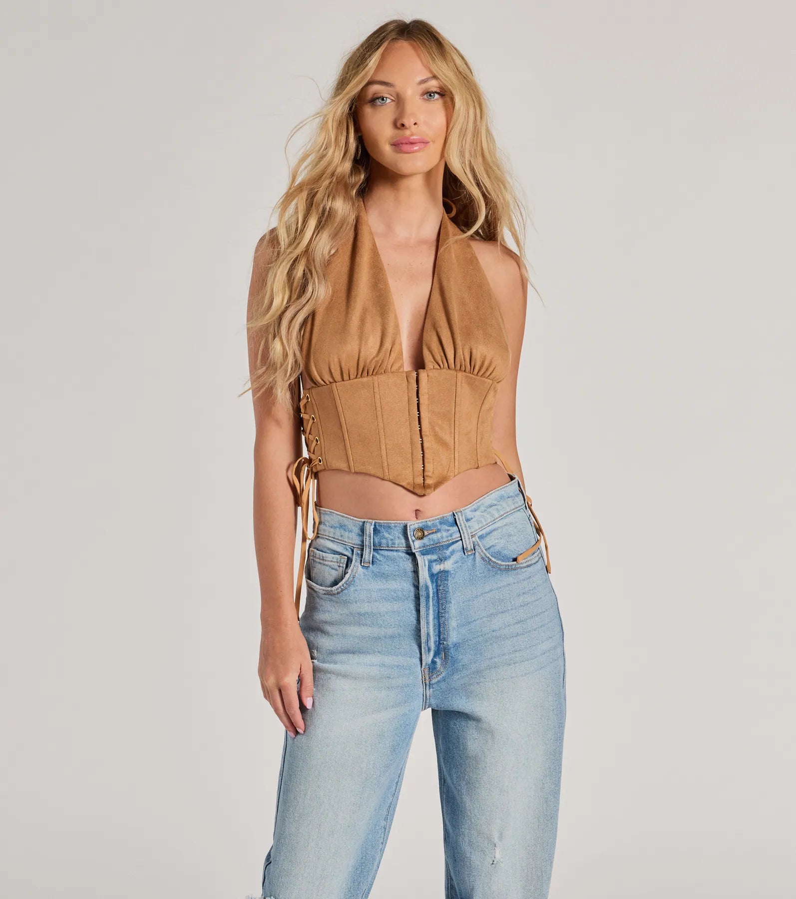 women's tops for smart casual looksChic Vibes Faux Suede Halter Cropped Corset Top