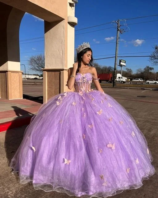 Formal Dress for Rustic ThemesGlamorous Purple Tulle Princess Dress With Butterflies,Ball Gown,Sweet 16 Dress  Y5463