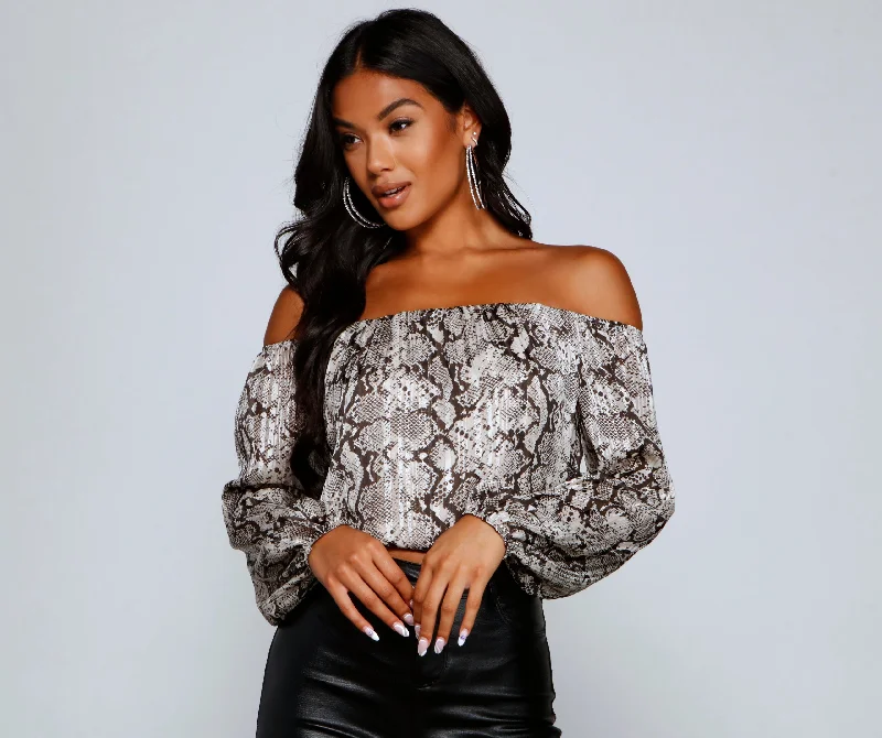 women's tops for those who want to invest in timeless piecesBoldly Chic Off The Shoulder Snake Top