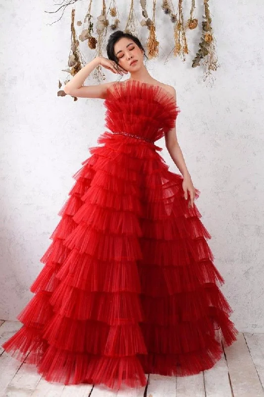 Formal Dress Trends 2023Red Tulle Long A line Ball Gown,Red Evening Dress Y3067