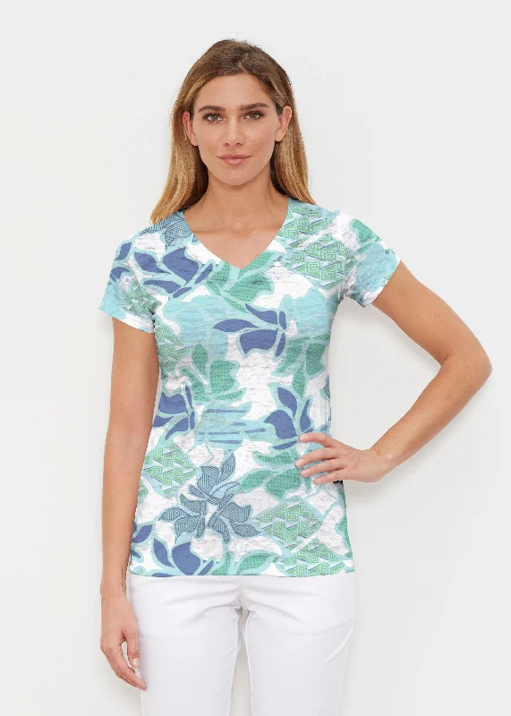 women's tops with cold-shoulder cutsSail Blue (8087) ~ Signature Cap Sleeve V-Neck Shirt