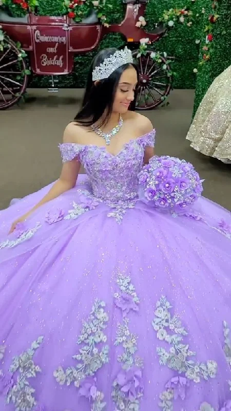 Formal Dress for Cultural ParadesGlitter Off The Shoulder Lilac Ball Gown Sweet 16 Dress  Y4293