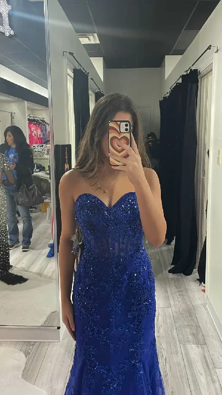 Formal Dress for Golden GlobesSweetheart Royal Blue Tulle Lace Formal Gown,Royal Blue Mermaid Sleeveless Evening Dress Y1203