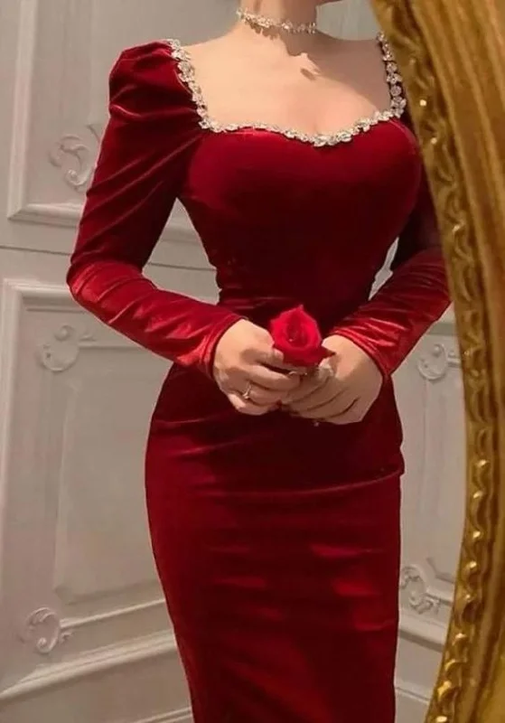 Formal Dress for Black-Tie Optional EventsRetro Style Red Velvet Long Sleeves Evening Dress,Red Evening Gown Y5556