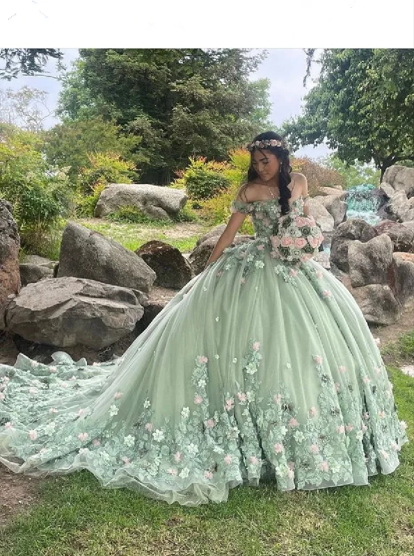 Formal Dress for Beach WeddingsLuxury Green Princess Quinceanera Dresses Off Shoulder 3D Flowers Appliques Ball Gown Y4147