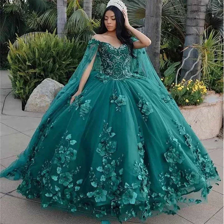 Formal Dress for Golf TournamentsPrincess Quinceanera Dress Off Shoulder Sweetheart Beading With 3D Flowers Ball Gown Cloak Tulle Robe De Soirée Y4334