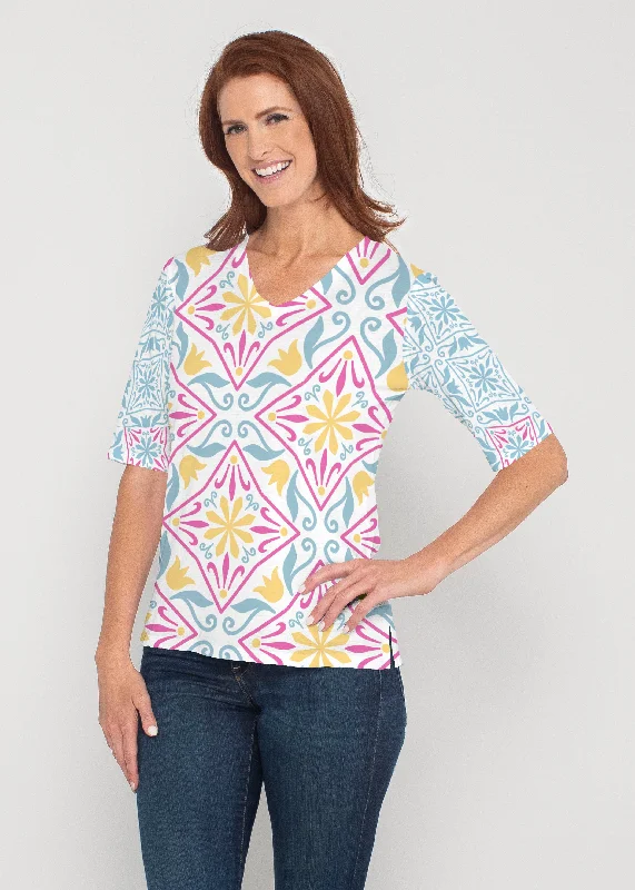 women's tops for fashion-forward individualsGeo tile Blue (8158) ~ Signature Elbow Sleeve V-Neck Top