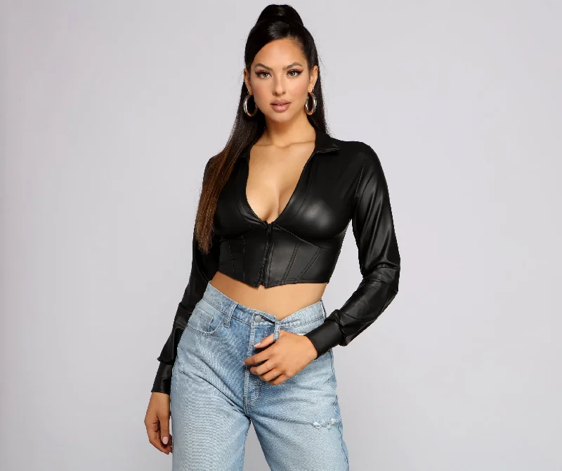 women's tops with built-in brasAn Edgy Vibe Faux Leather Crop Top