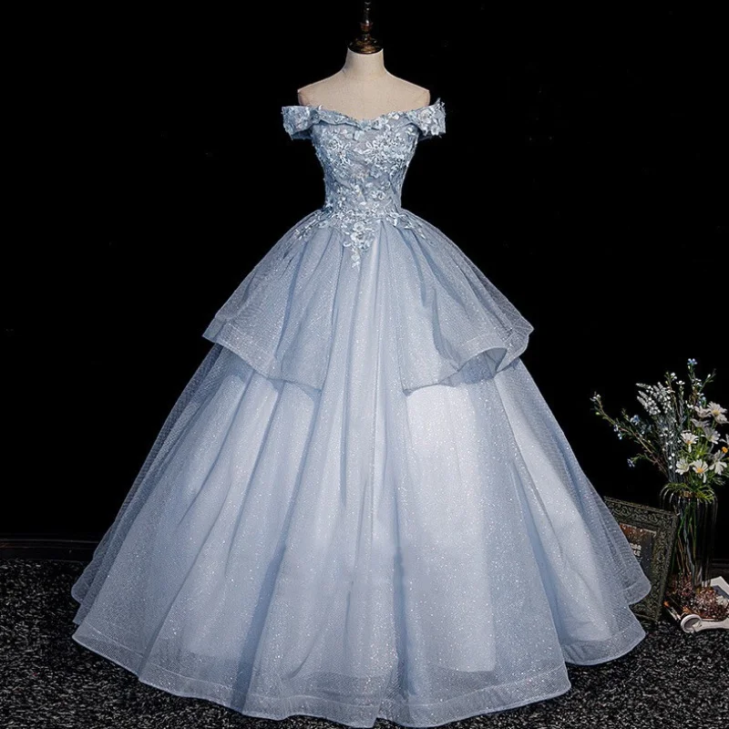 Formal Dress for DebutantesBlue tulle lace long ball gown dress formal dresses Y4208