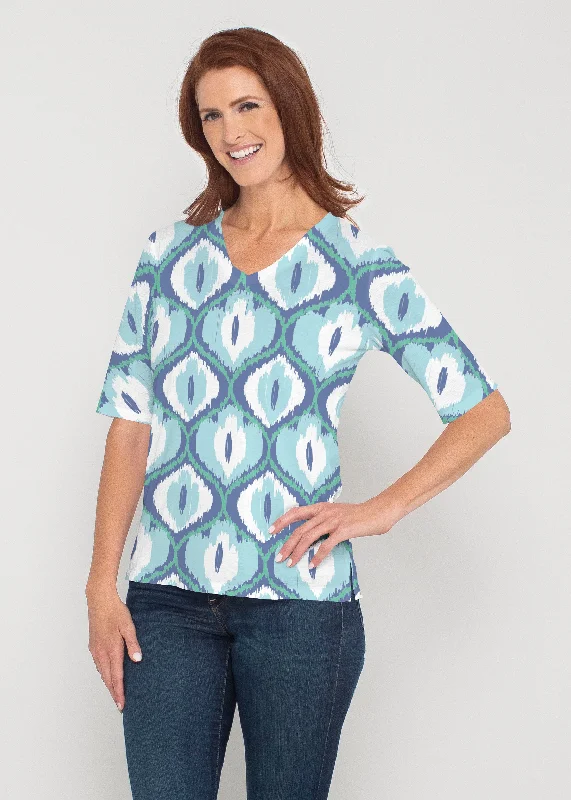 women's tops for relaxed weekendsIkat Buds Blue (8075) ~ Signature Elbow Sleeve V-Neck Top