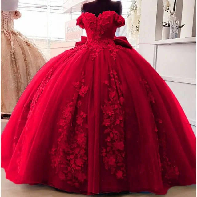 Affordable Formal Dress OptionsBig Bow Floral Flower Lace Applique Quinceanera Dresses Off Shoulder Sweet 16 Dress Ball Gown Y4263