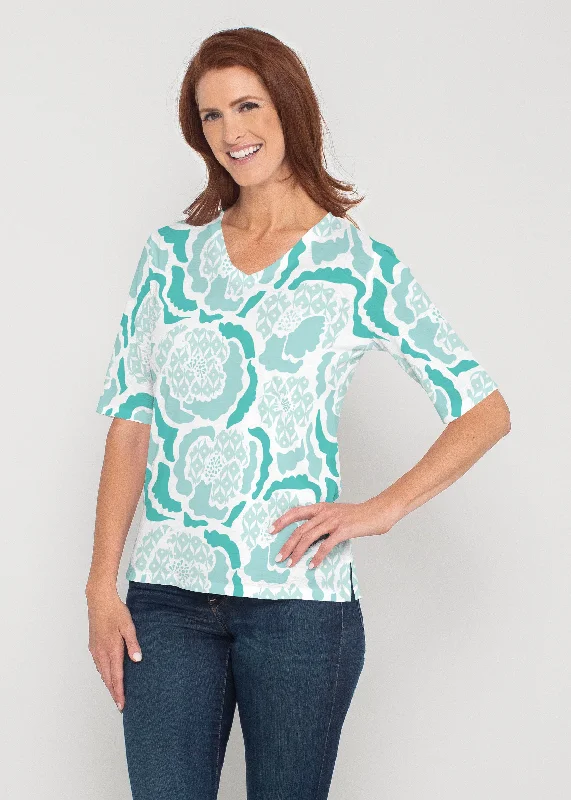 women's tops for those who want to create outfits that reflect their personal style and sense of fashionPeonies Aqua (8082) ~ Signature Elbow Sleeve V-Neck Top