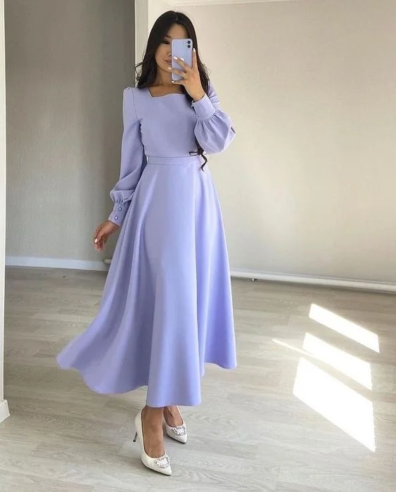 Formal Dress for Bat MitzvahsSimple Stretch Satin A Line Evening Dresses Women Long Sleeve Square Neck Modest Ankle Length Formal Gowns Y4856