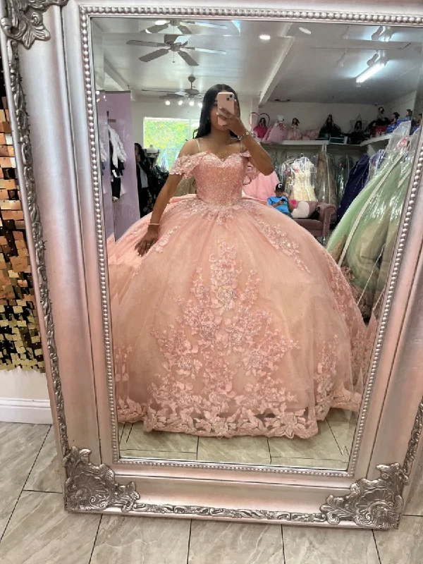 Formal Dress for Garden WeddingsPink Off The Shoulder Tulle Appliques Ball Gown,Pink Sweet 16 Dress Y6091