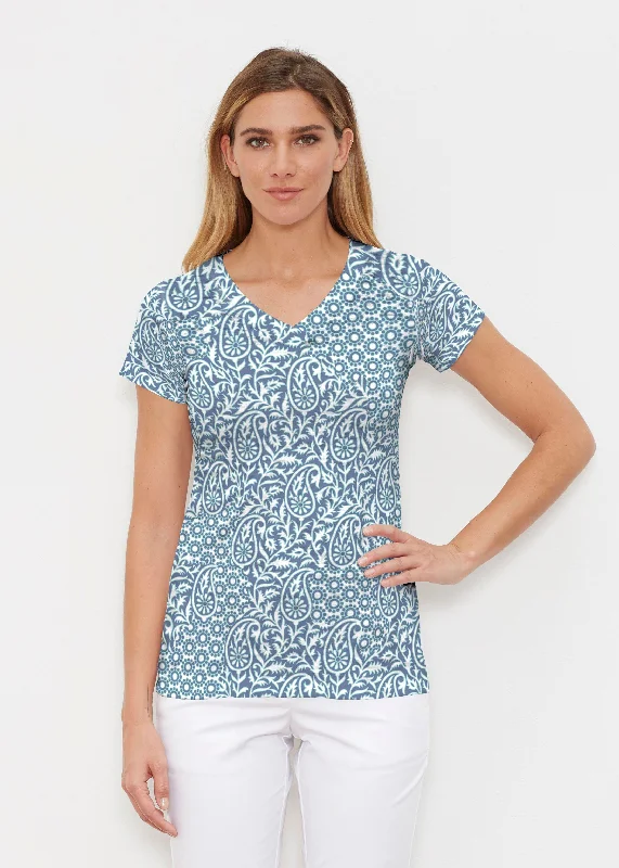 women's tops with cold-shoulder cuts and lace detailingOakley Blue (8114) ~ Signature Cap Sleeve V-Neck Shirt