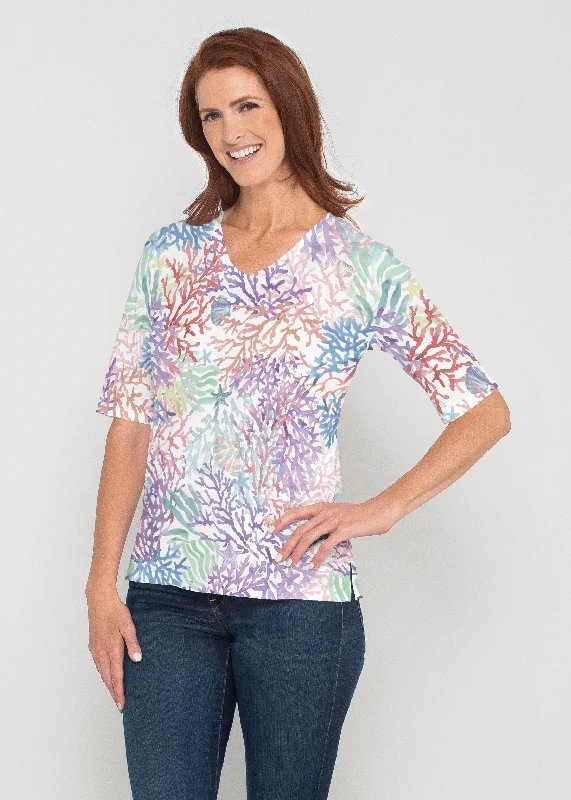 women's tops for picnics in the parkTropic Coral (8112) ~ Signature Elbow Sleeve V-Neck Top