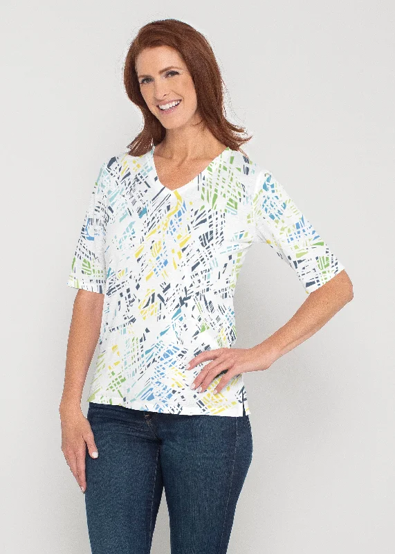 three-quarter sleeve women's topsPixie Blue (8077) ~ Signature Elbow Sleeve V-Neck Top