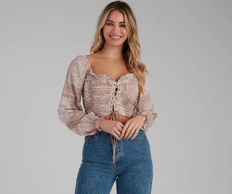 women's tops with lace-up frontsEffortless Boho-Chic Crop Top