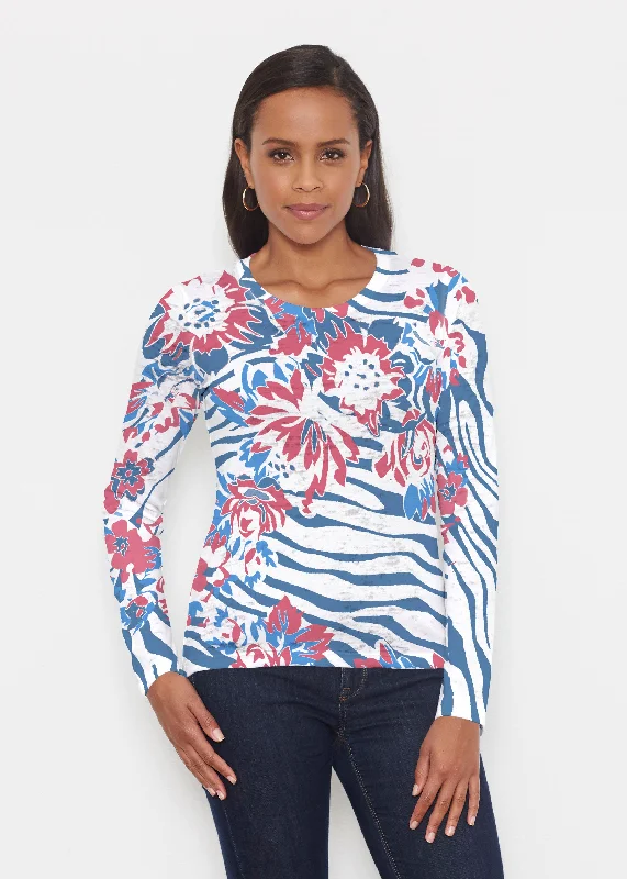 women's tops for those who want to stay on top of the latest fashion trends and wear pieces that are both stylish and on-trendZebra Posy Red-Blue (8132) ~ Signature Long Sleeve Crew Shirt