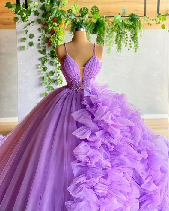 Formal Dress for Holiday PartiesPurple A-line V Neck Tulle Ball Gown,Purple Princess Dress,Fairy Dress Y6590