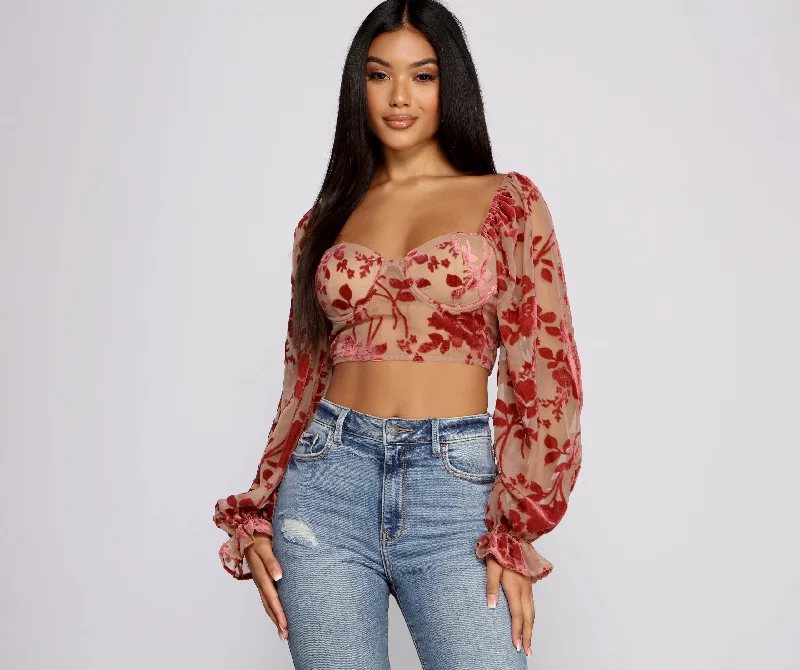 women's tops for those who want to create outfits that reflect their personal style and sense of fashionRomantic Vibes Floral Burn Out Crop Top