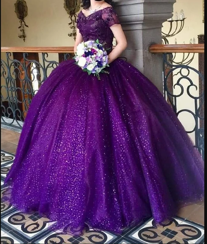 Formal Dress for Theme Park EventsGlitter Off The Shoulder Purple Ball Gown,Purple Quinceanera Dress,Sweet 16 Dress Y4941