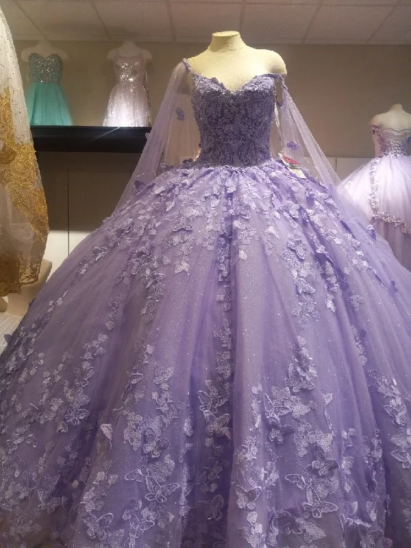 Formal Dress for Cocktail PartiesPuffy Ball Gown Quinceanera Dresses Purple with Butterflies Lace Tulle for Girls Sweet 15 16 Birthday Y5214