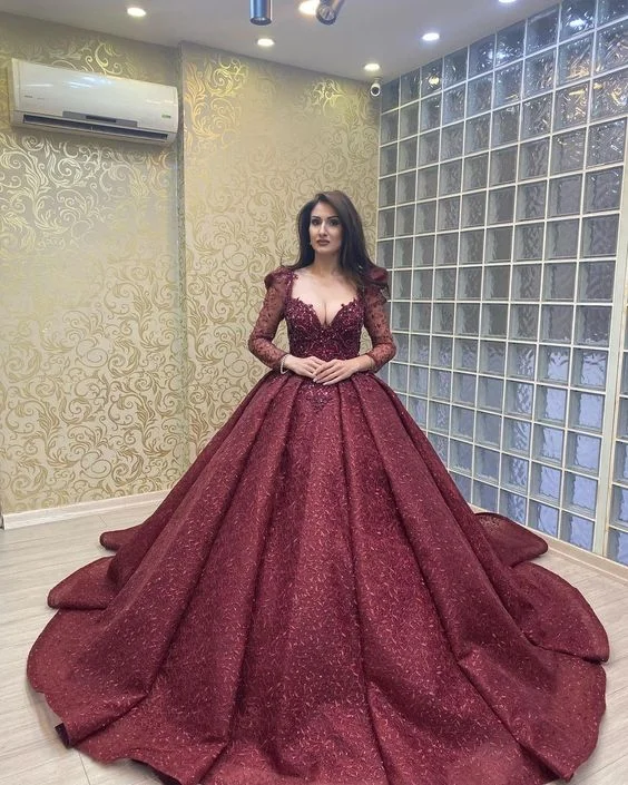 Formal Dress for Beach WeddingsLuxurious Long Sleeves Burgundy Ball Gown,Sweet 16 Dress Y6097