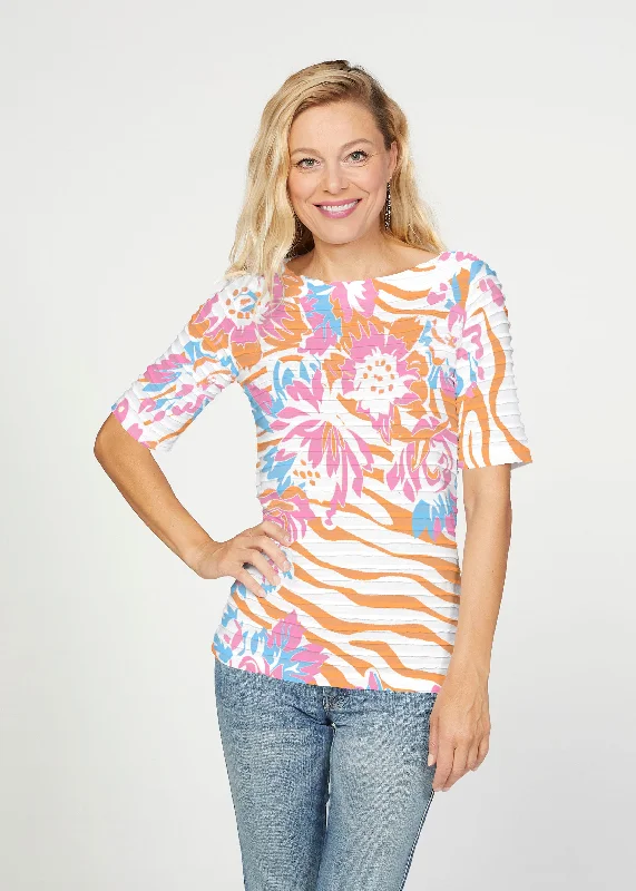 women's tops for those who love bold and vibrant colorsZebra Posy Orange (8119) ~ Banded Elbow Sleeve Boat Neck Top