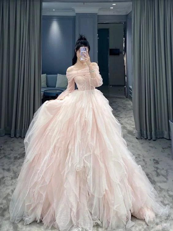 Formal Dress for Holiday PartiesOff The Shoulder Pink Tulle Ball Gown,Pink Princess Dress Y5972