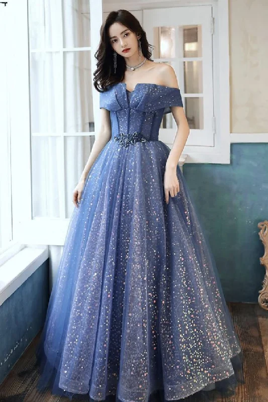 Formal Dress for Literary AwardsBlue Tulle Sequins Long Ball Gown Dress Formal Dress Y4907