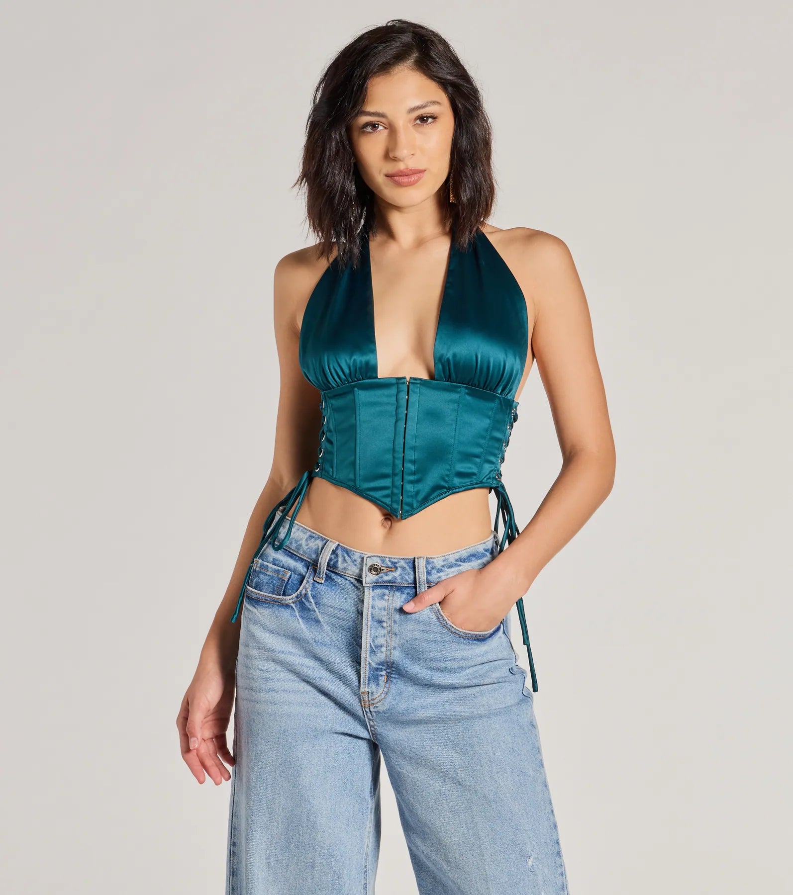 women's tops for mixing and matching with different bottomsEdgy Luxe Satin Halter Cropped Corset Top