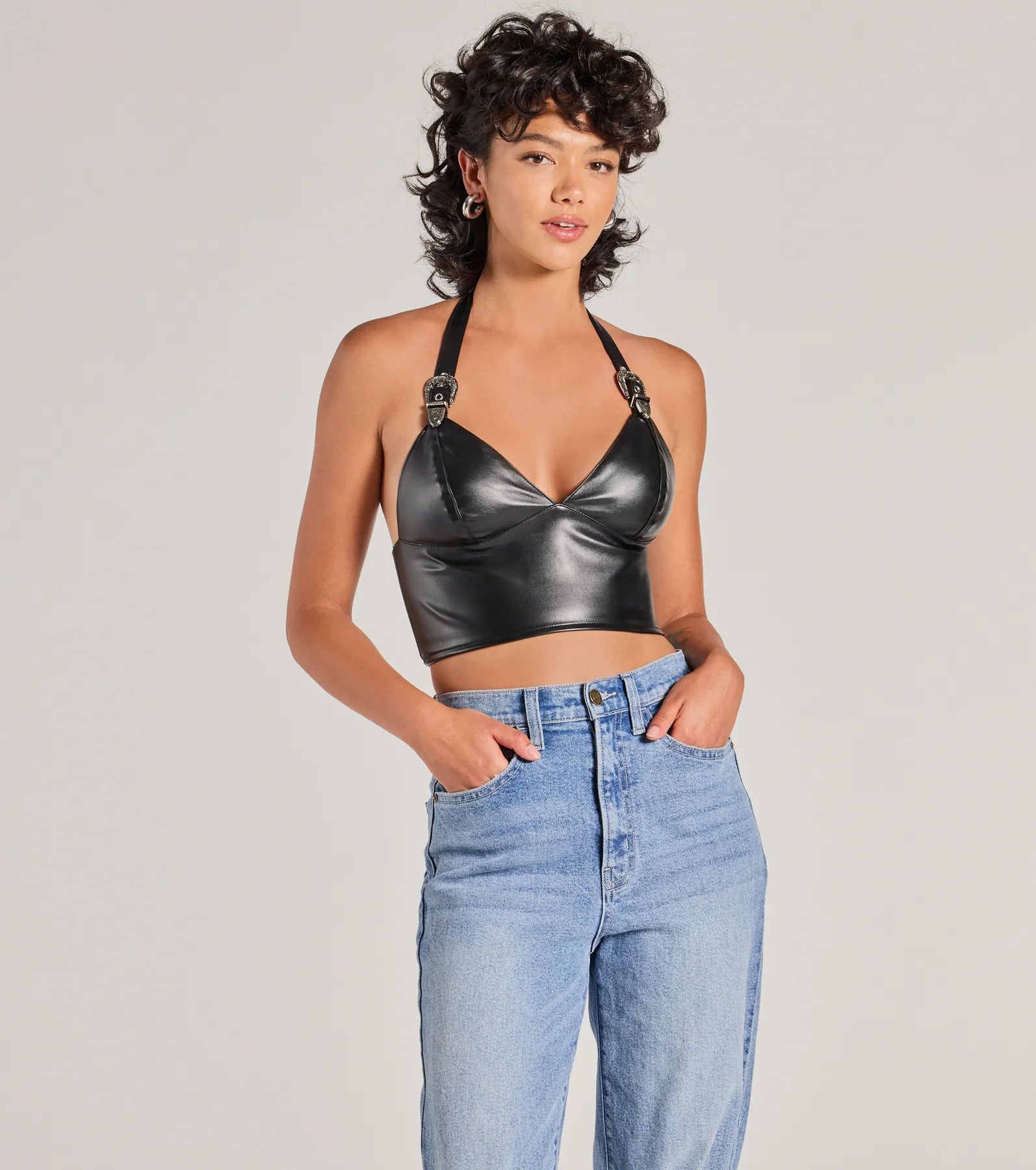 women's tops for business casual attireBold Buckle Halter Strap Faux Leather Crop Top