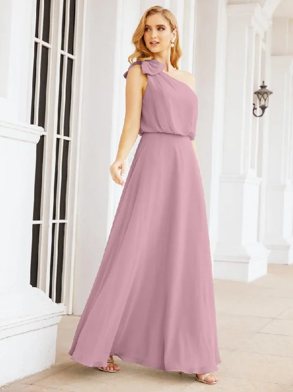 Formal Dress for Tennis TournamentsNumbersea Chiffon Ruffled One Shoulder Sleeveless Long Bride Dresses A-line Formal Evening Gown Side Split 28057