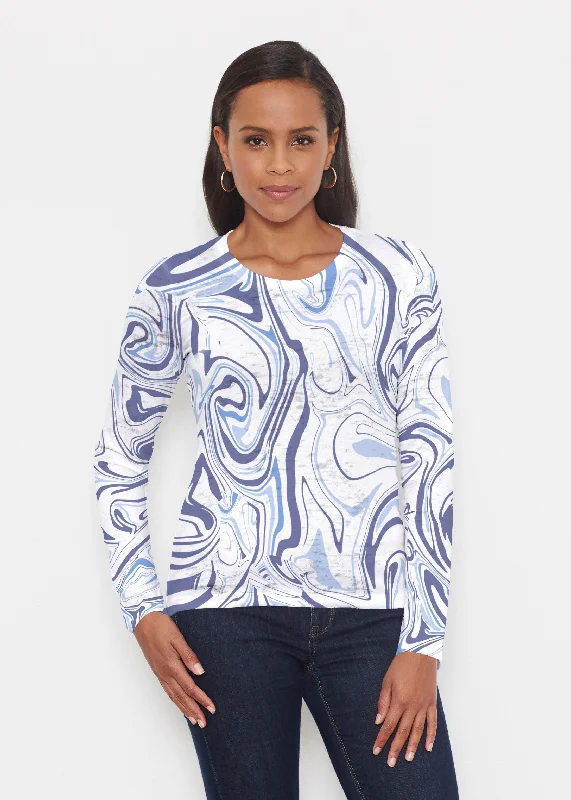 women's tops with cold-shoulder cuts and lace detailingSwirly Blue (8076) ~ Signature Long Sleeve Crew Shirt