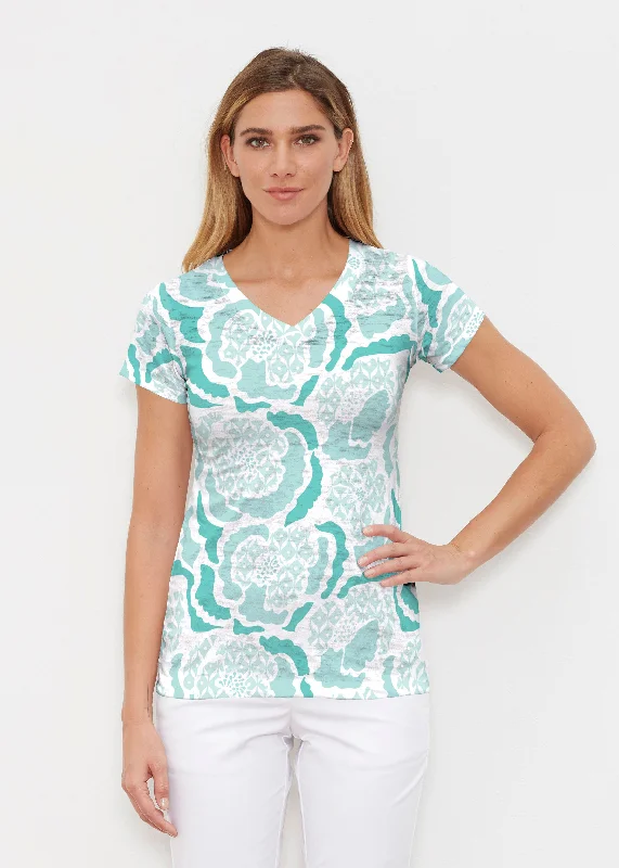 women's tops for those who want to make a bold fashion statement with their choice of topsPeonies Aqua (8082) ~ Signature Cap Sleeve V-Neck Shirt