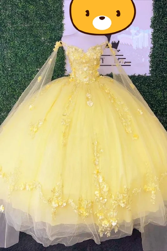 Formal Dress for Rustic ThemesGlitter Yellow Quinceanera Dresses Spaghetti Strap With Wrap Sweet 15 Ball Gowns 3D Flower Bead  Y4050