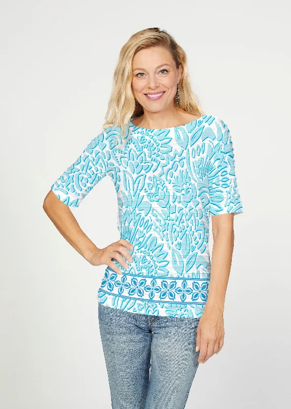 women's tops with ruffled hemsBohemian Summer (8072) ~ Banded Elbow Sleeve Boat Neck Top